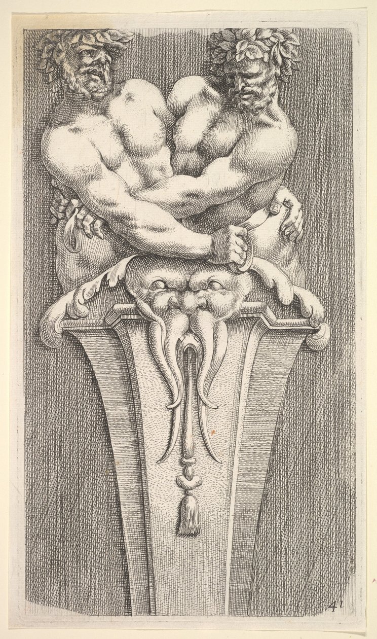 İki Bacchic Figürlü Bir Dönem için Tasarım, from: Curieuses Recherches de Multiple Beaus..., 1645. by Jean le Pautre