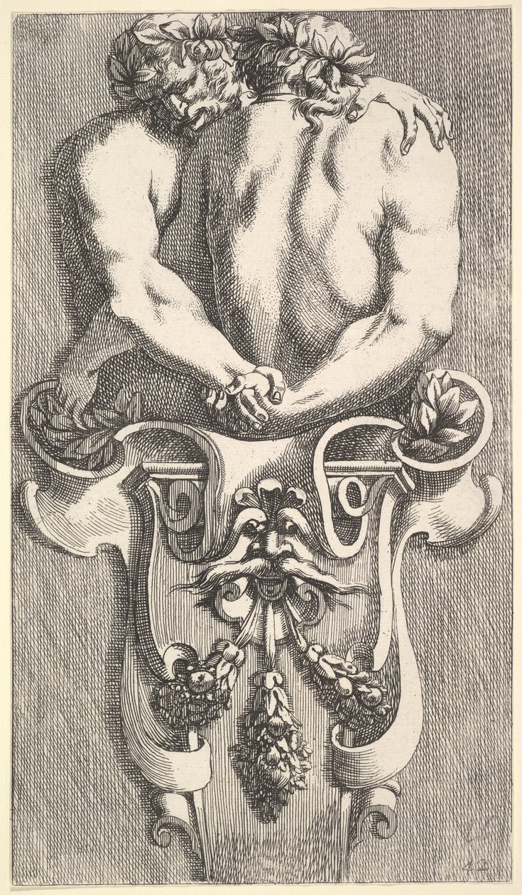 İki Kucaklayan Satirli Bir Dönem için Tasarım, Gönderen: Curieuses Recherches de Multiple Beaus..., 1645. by Jean le Pautre