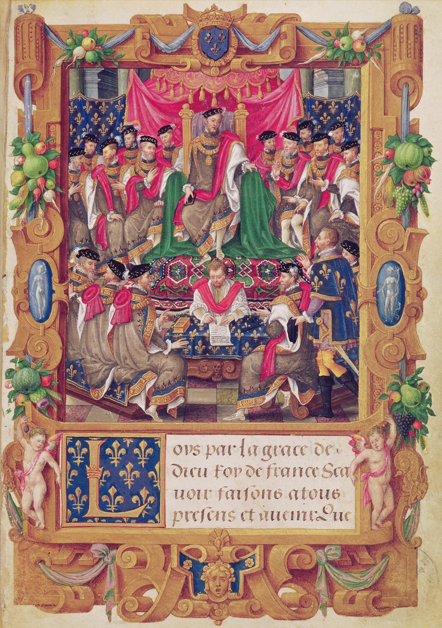 Henri II, Fransız şövalye Saint-Michel Düzeninin bir bölüm toplantısına başkanlık ediyor by Jean the Elder Cousin
