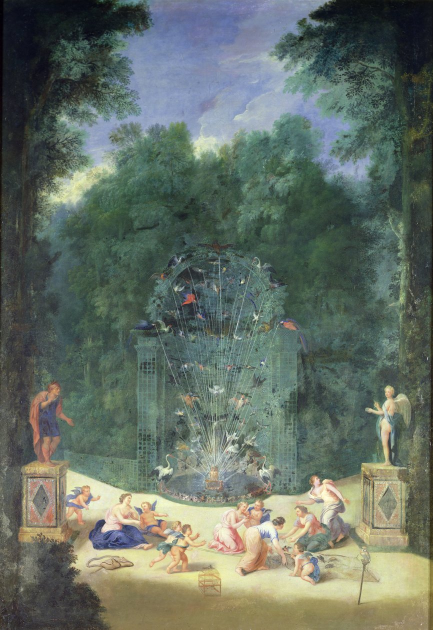 Versay Koruları: Kuşlar, Periler ve Kerubiler ile Labirent Girişinden Görünüm, 1688 by Jean the Younger Cotelle