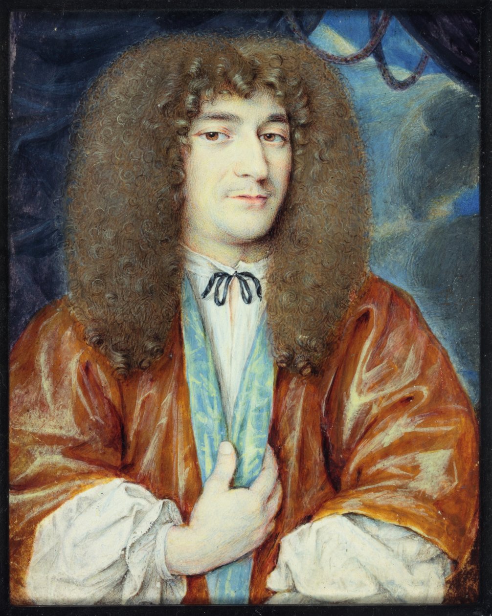 Beyaz gömlekli ve mavi ipek, uzun açık kahverengi perukla kaplı turuncu elbiseli bir beyefendi (vellum üzerinde wc) by Jean the Younger attr.to Petitot