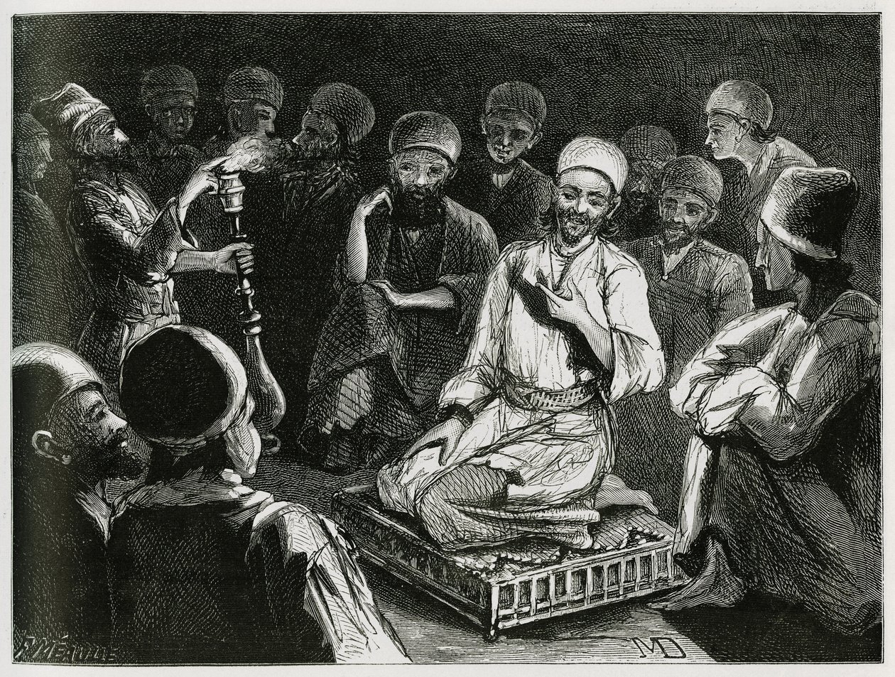 İranlı hikaye anlatıcısı, dinleyicilerinin etrafını sarar. Gezgin yazar tarafından “Pers, Chaldee ve Susiane” hikayesini göstermek için gravür by Jeanne Dieulafoy