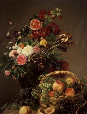 Sepette Çiçekler ve Meyvelerle Natürmort by Jeanne Marie Josephine Hellemans