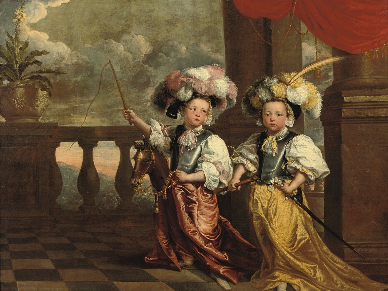Şövalye gibi giyinmiş, biri flüt, diğeri hobi atı üzerinde, her ikisi de balkonda duran, tam boy, çifte portre, 1668 by Jeanne Vergouwen