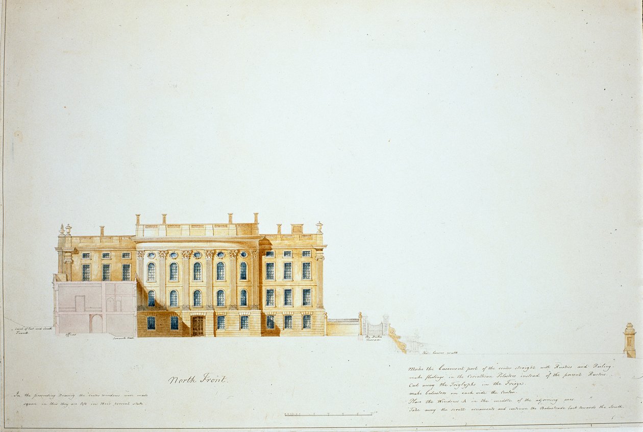 North Elevation için Tasarım, Chatsworth House (kağıt üzerine suluboya) by Jeffry Wyatville