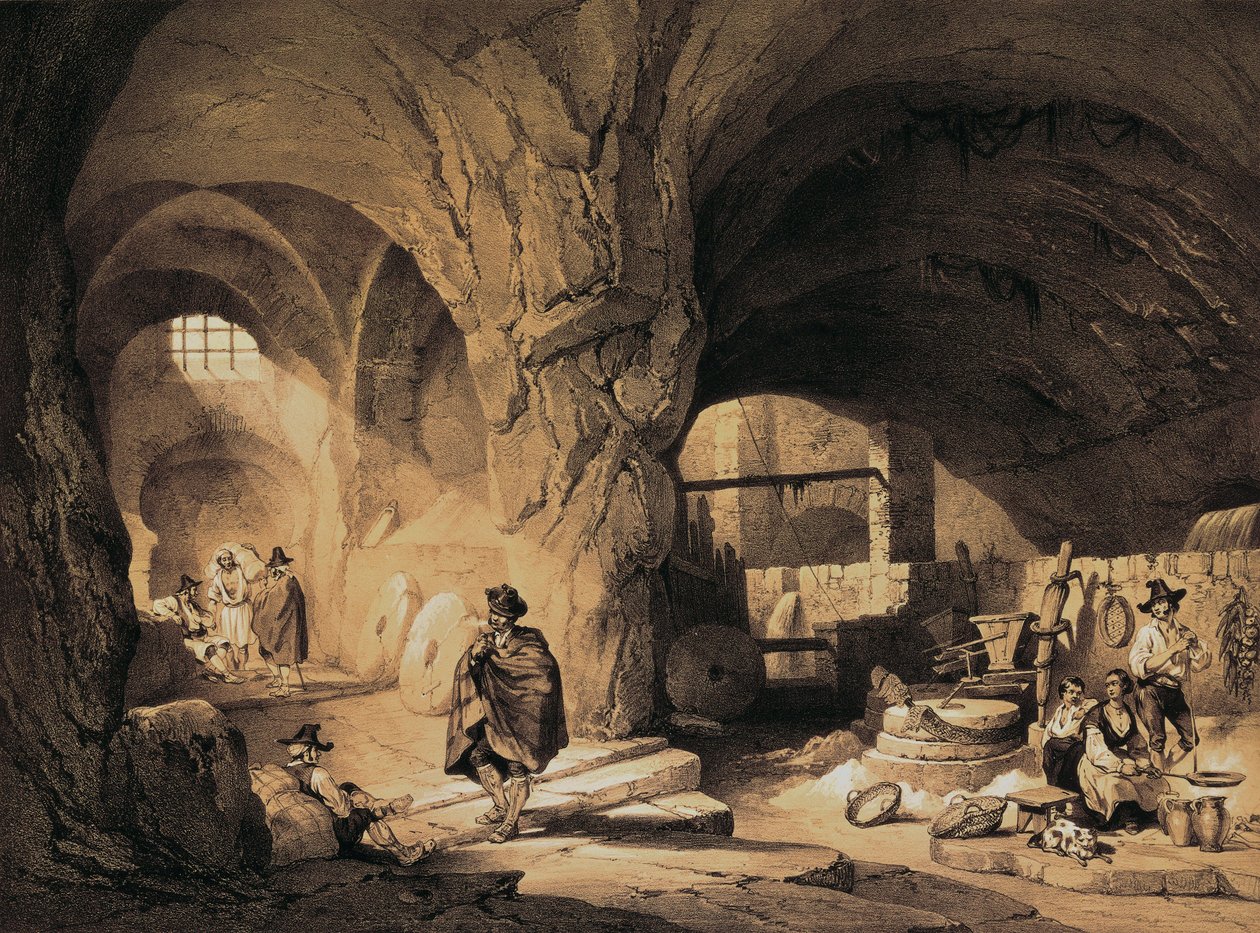 Arap değirmeni "Molinos de la Mina", renkli litografi by Jenaro Pérez Villaamil