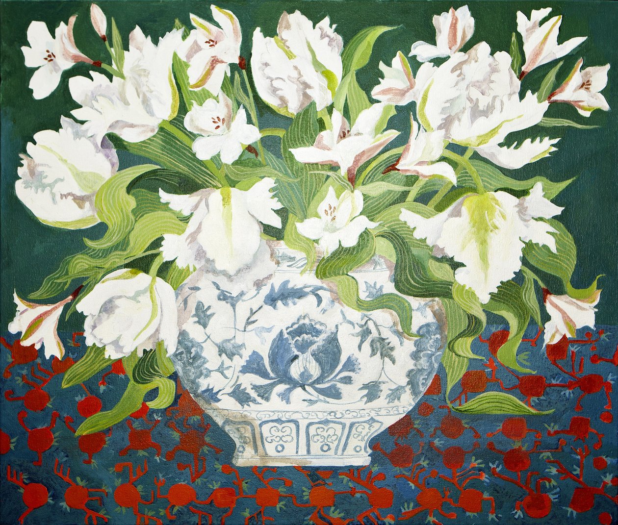 Beyaz çift laleler ve alstroemerialar, 2013 (tuval üzerine akrilik) by Jennifer Abbott