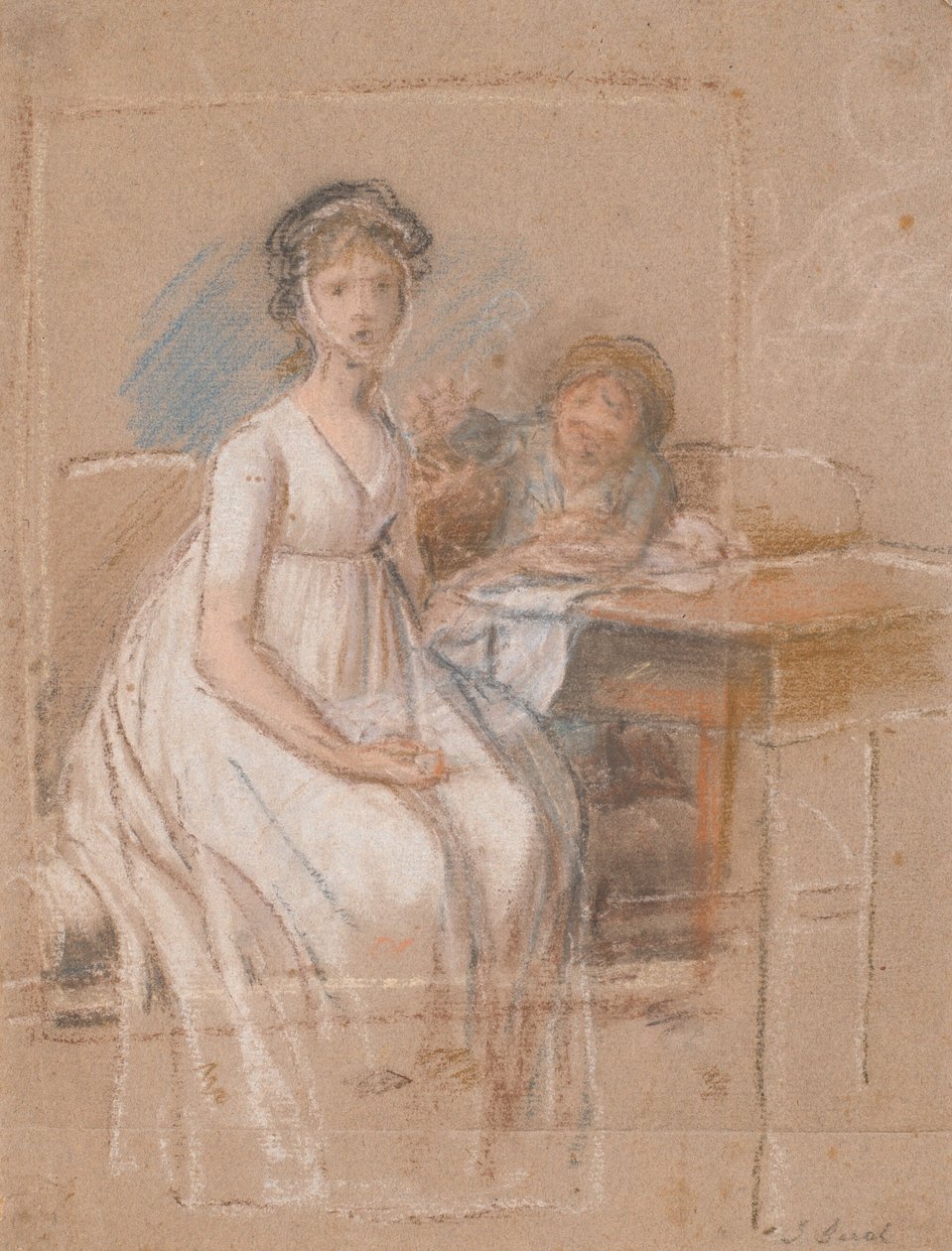 Bir portre grubunun taslağı. Regine Sophie Tutein, b. Wraatz ve oğlu Peter by Jens Juel