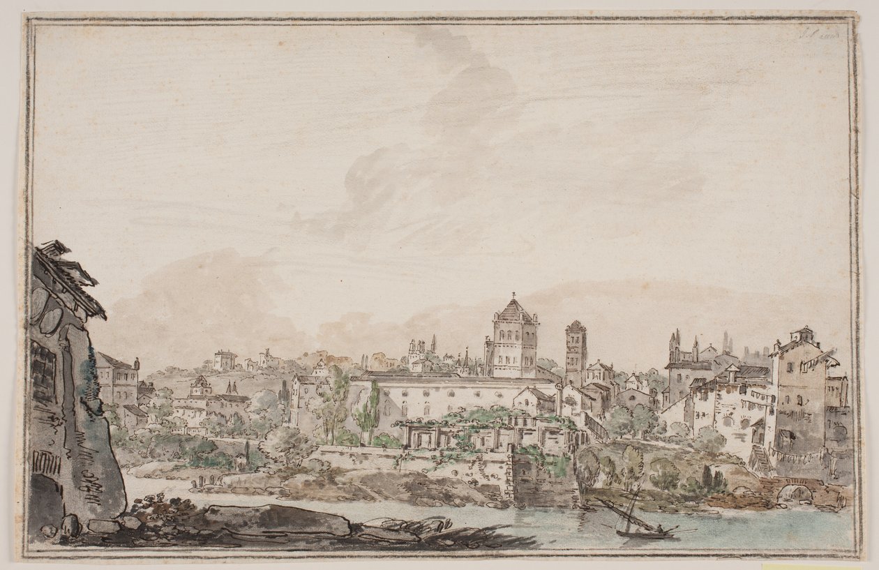 Nehir kenarında evleri ve kilisesi olan şehir prospektüsü. Antik Roma by Jens Petersen Lund