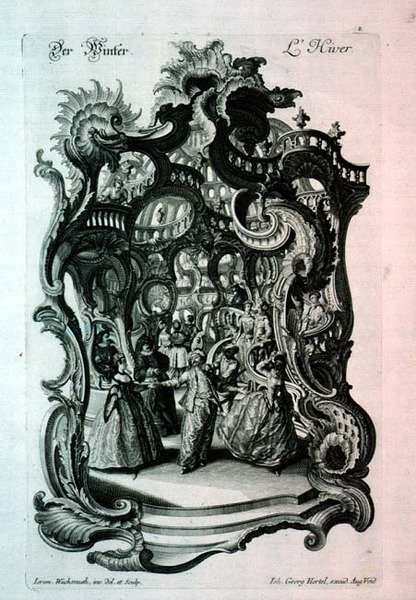 Kış, süslü bir elbise topu, pub tasvir eden rokoko müzik sayfası. Johann Georg Hertel tarafından by Jeremias Wachsmuth