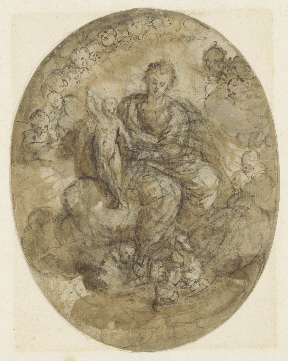 Bulutların üzerinde melekler arasında çocukla Madonna by Jeronimo Jacinto Espinosa