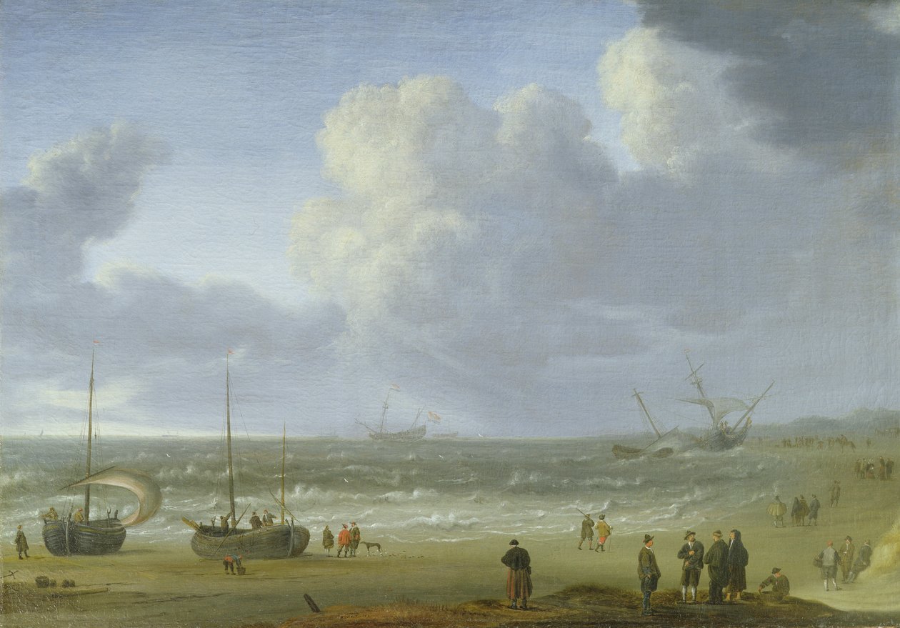 Bir İskelede Balıkçılar ile Haliçte Gemiler by Jeronimus van Diest