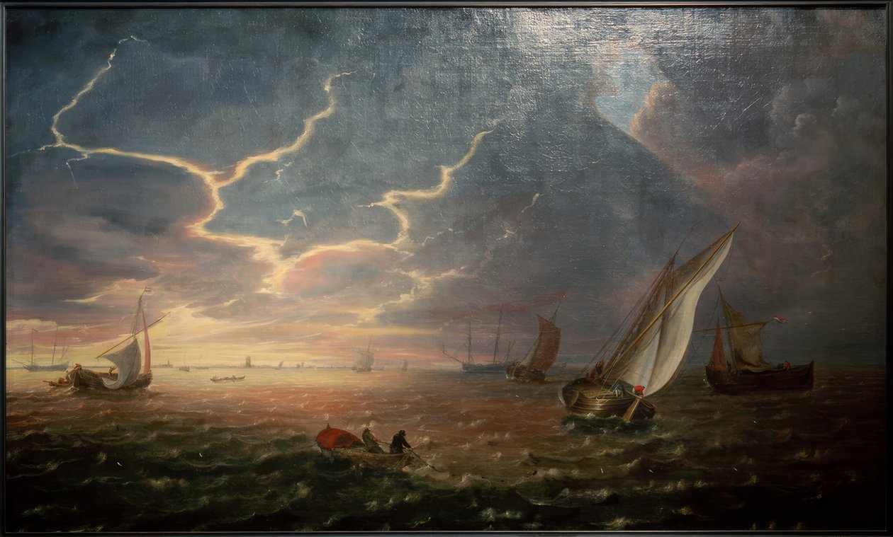 Gün batımında dalgalı denizlerde yelkenli gemiler by Jeronimus van Diest