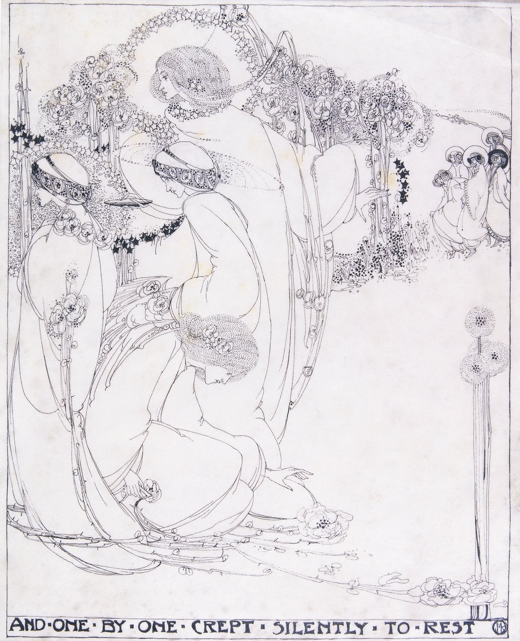 Ve Birer Birer Dinlenmek İçin Sessizce Süründü, c.1902-3 (parşömen üzerine kalem ve siyah mürekkep) by Jessie Marion King