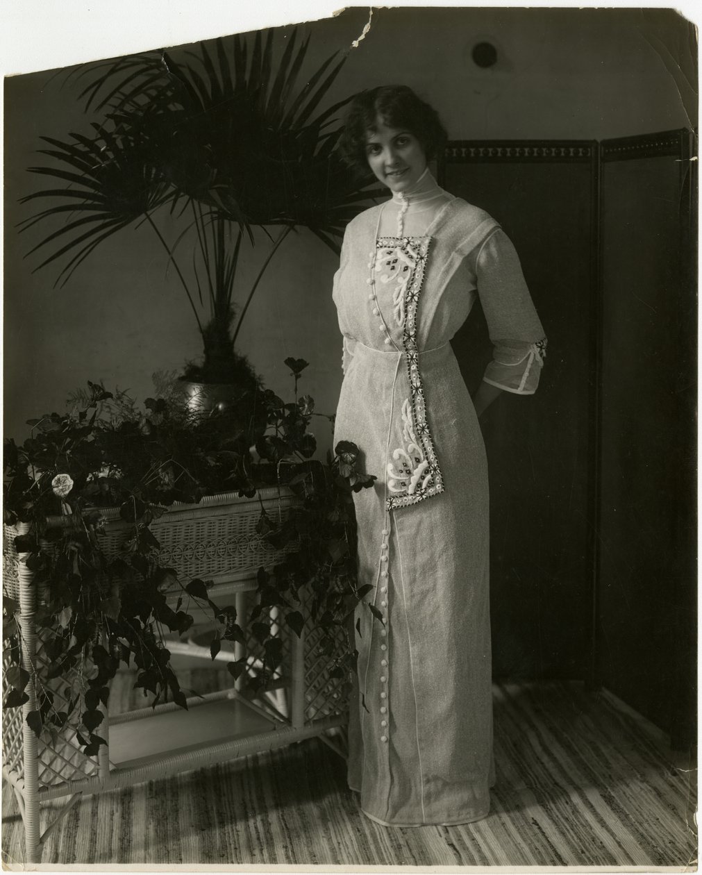 Siyah beyaz işlemeli gri Türk malzemesi, Lord & Taylor, c.1905-18 (jelatin gümüş fotoğraf) by Jessie Tarbox Beals