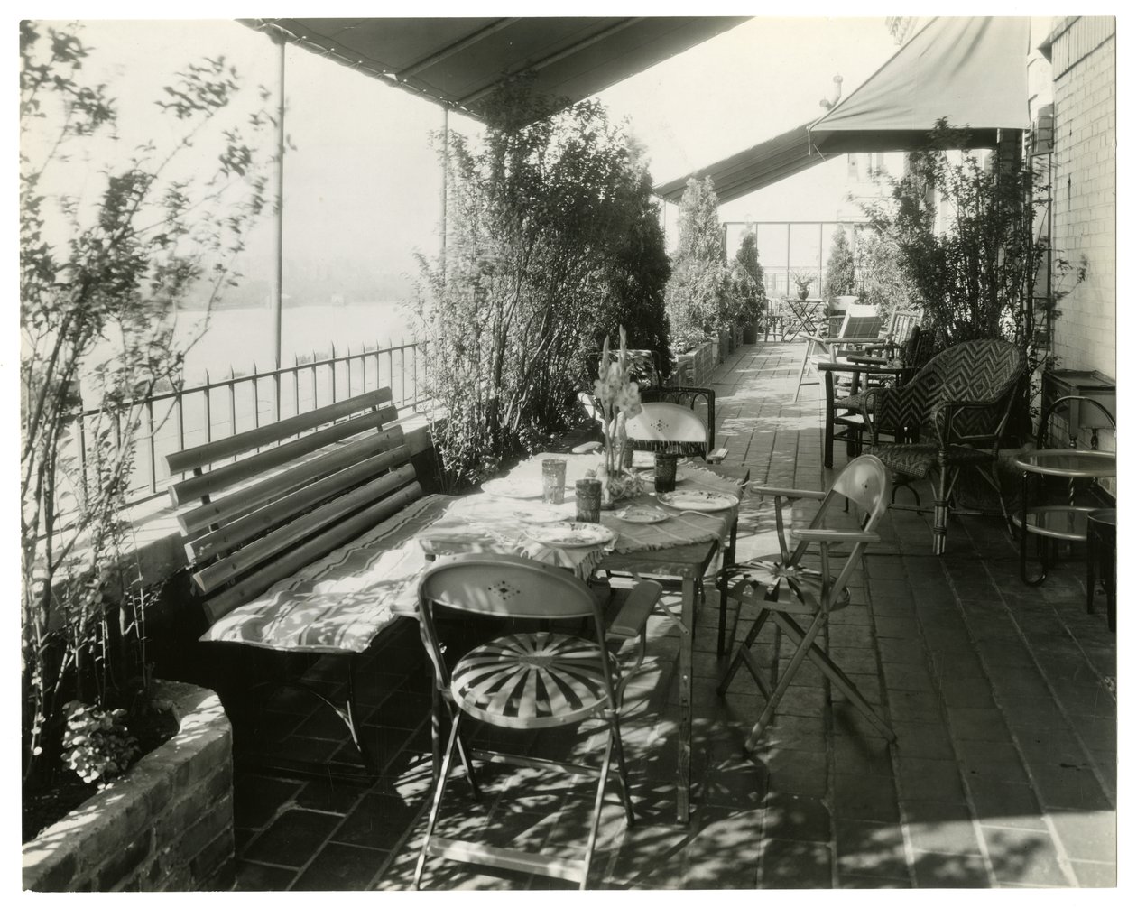 patio overlooking river, c.1936-37 (gelatin silver photo) by Jessie Tarbox Beals