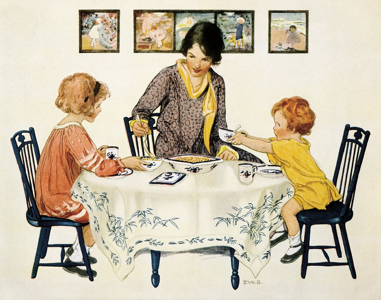 Aile (anne ve çocuklar) bir masanın etrafında toplanmış makarna yemek by Jessie Willcox Smith