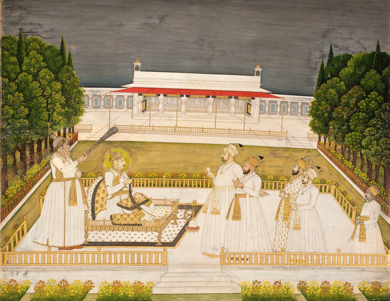 Muhammed Şah geceleri subaylarıyla birlikte bir terasta tahta çıktı, c.1735 (kağıt üzerinde opak wc ve altın) by Jharokha Nidha Mal