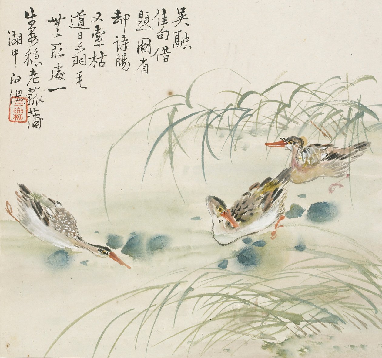 Havuzda yüzen üç ördek, 1857 by Jin Yuan