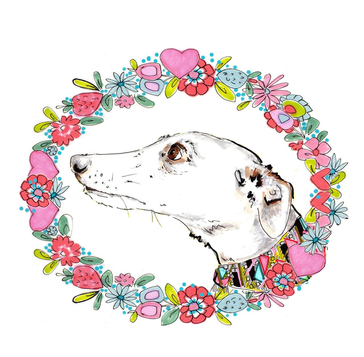 Silvertips Greyhound With Floral Border, 2012 (kalem ve mürekkep, dijital) by Jo Chambers