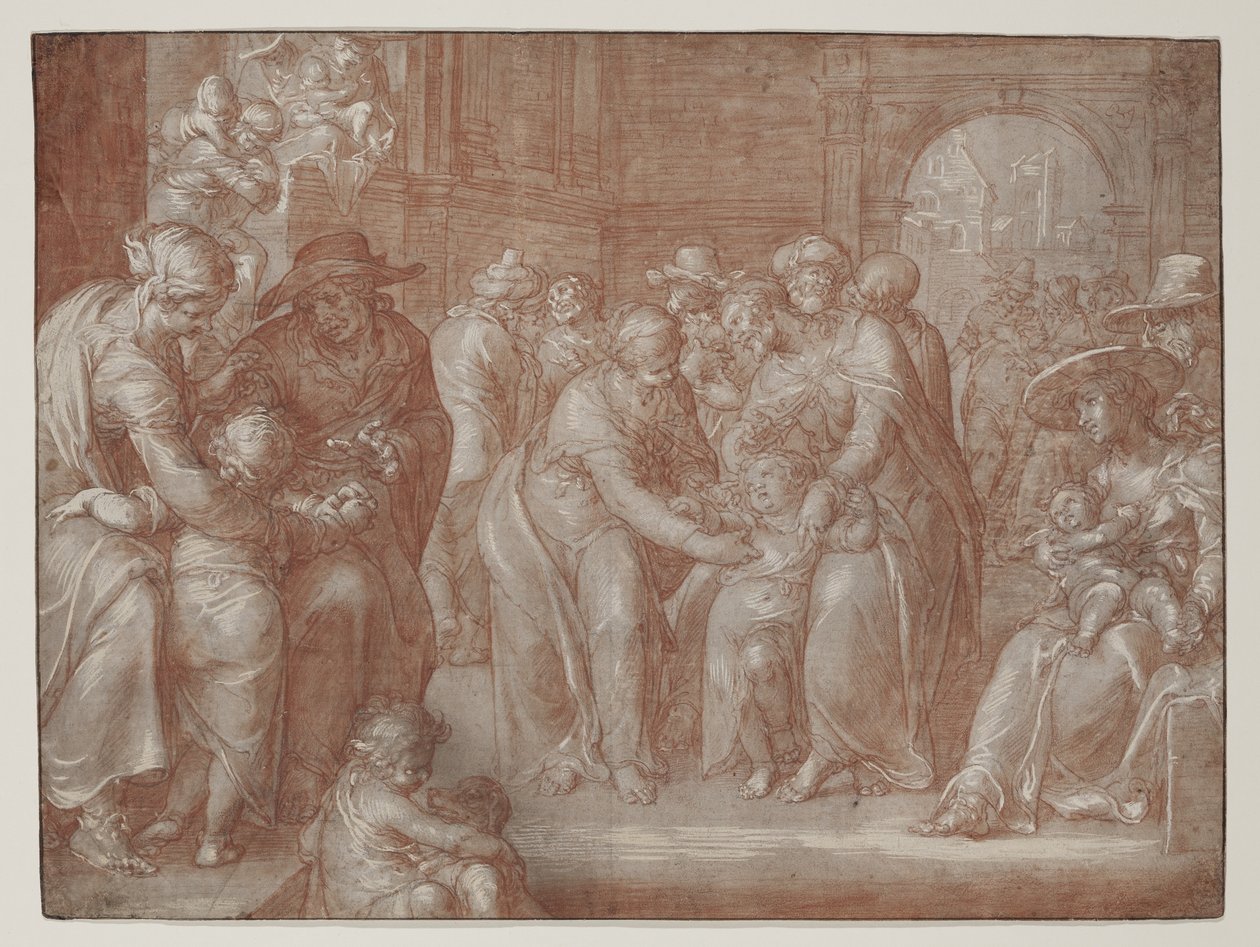 Küçük Çocukların Bana Gelmesi İçin Acı Çekin, c.1621 (siyah tebeşir üzerine kırmızı tebeşir, kağıt üzerinde beyaz ile vurgulanmış) by Joachim Wtewael or Utewael
