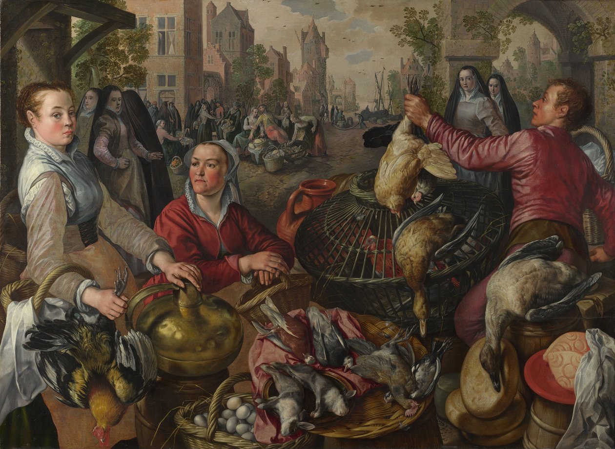 Dört Element: Hava. Arka Planda Müsrif Oğul ile Bir Tavuk Pazarı, 1569 by Joachim Beuckelaer