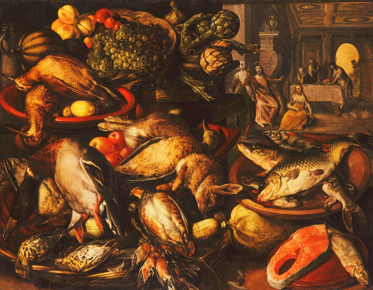 Kilerlerdeki Sepetler ve Kaselerdeki Av Hayvanları, Balık, Meyve ve Sebzeler, 1569 by Joachim Beuckelaer