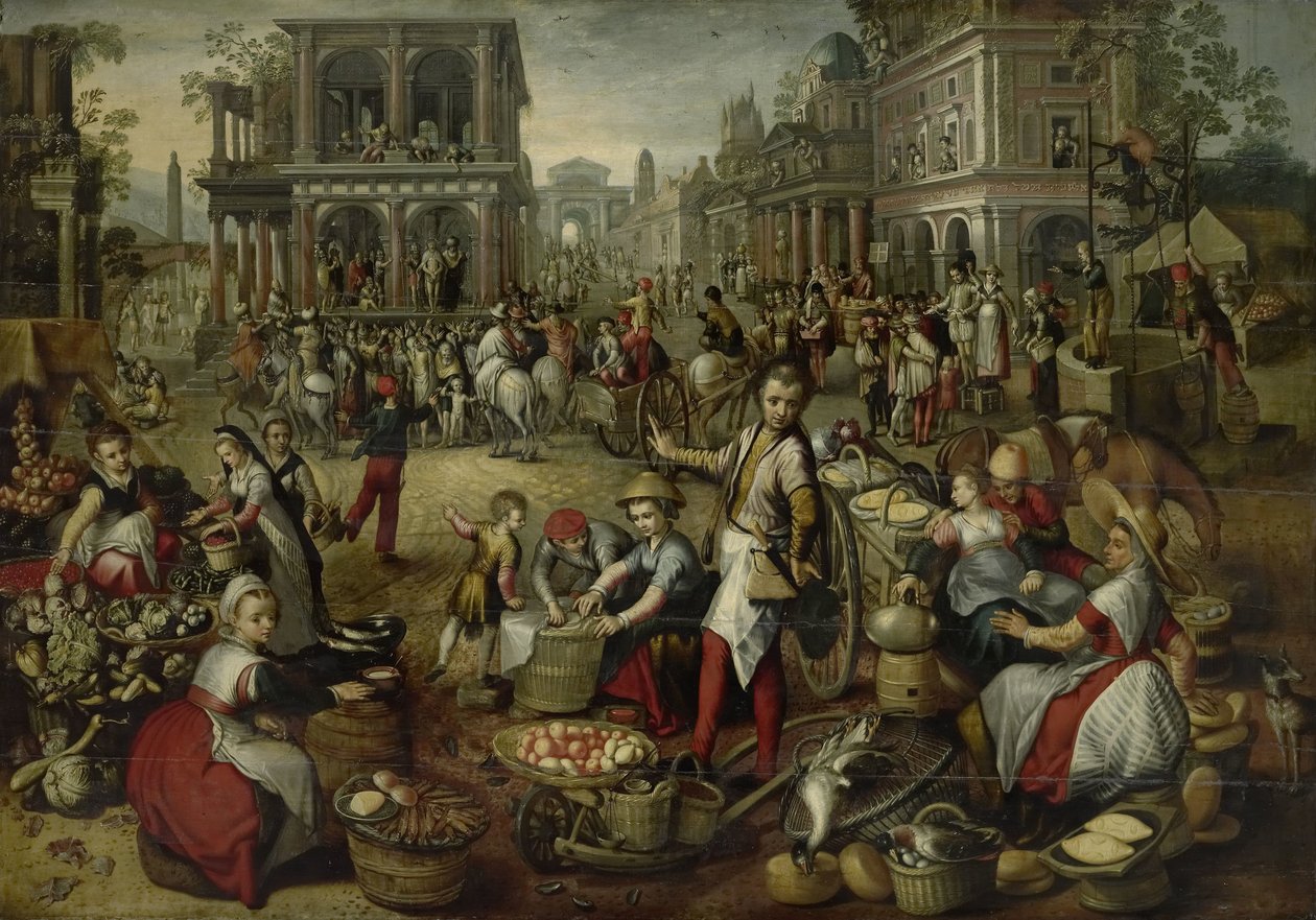 Arka planda Kırbaçlanma, Ecce Homo ve Haç Taşı ile pazar yeri by Joachim Bueckelaer (copy after)