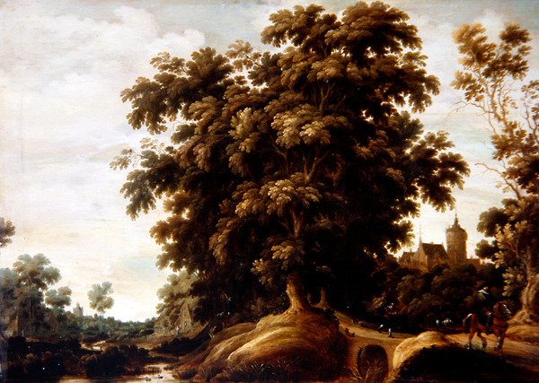 Figürlerle Bir Nehir Manzarası ve ötesinde bir Köy (panelde yağlı boya) by Joachim Govertsz Camphuysen