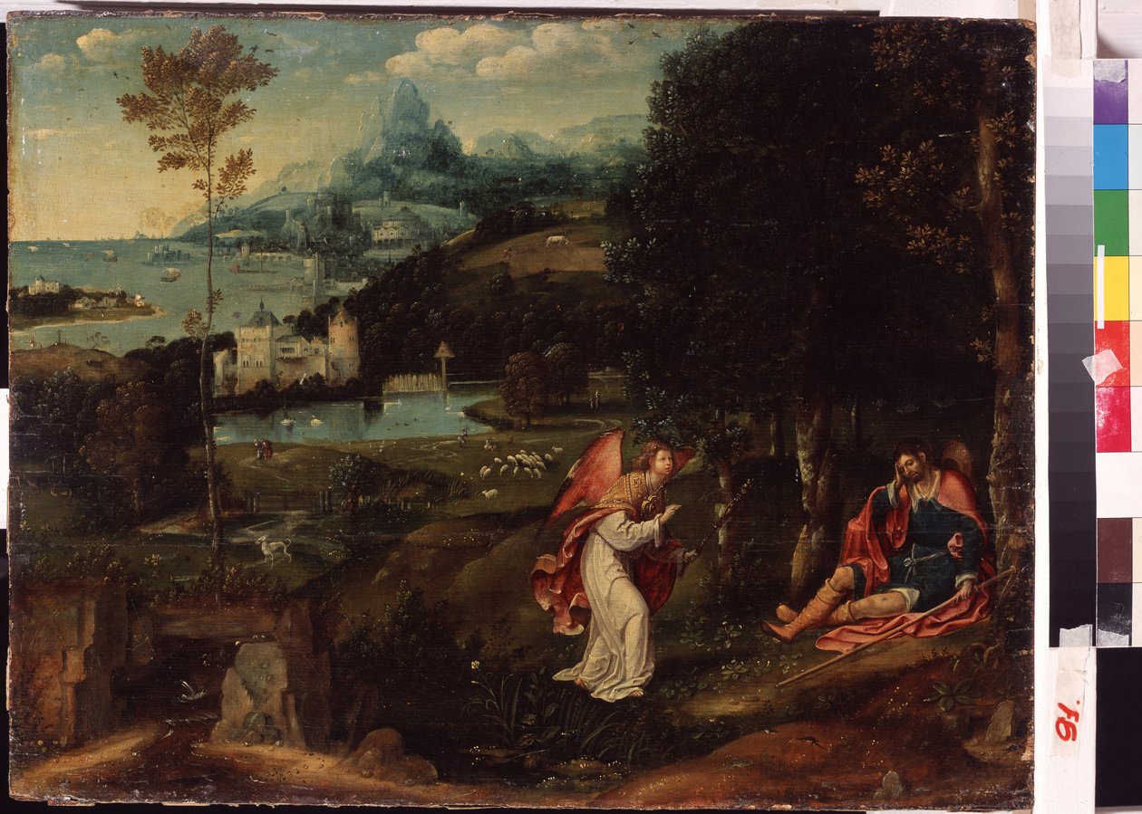 ""Saint Roch Efsanesi ile Manzara" (Saint Roch Efsanesi ile Manzara) Vebadan hastalanan Saint Roch (1345-1376), şehirden sürüldü. Joachim Patinir