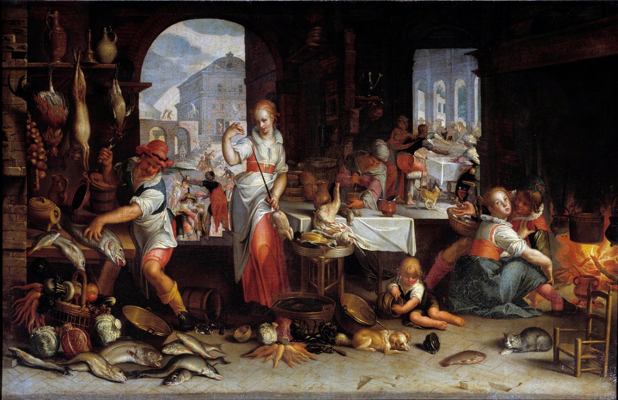 Bir kadın yemekle dolu bir mutfakta tavuk döndürüyor. Joachim Wtewael (1556-1638) Sun tarafından tablo. 0,63x1 m by Joachim Wtewael or Utewael