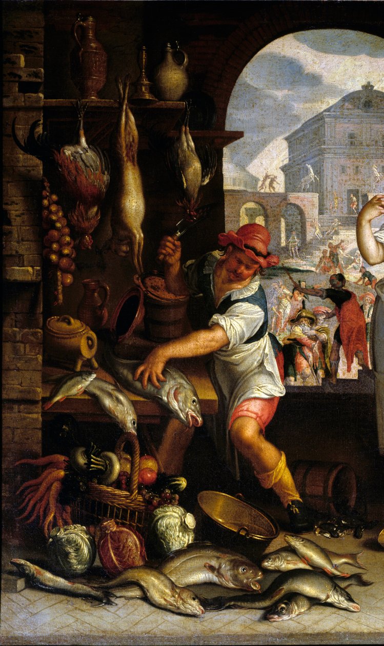 “” Bayram benzetmesiyle mutfak sahnesi”nin detayı” Bir adam balık hazırlıyor. Joachim Wtewael (1556-1638) Sun tarafından tablo. 0,63x1 m Paris, Musee du Louvre. by Joachim Wtewael or Utewael