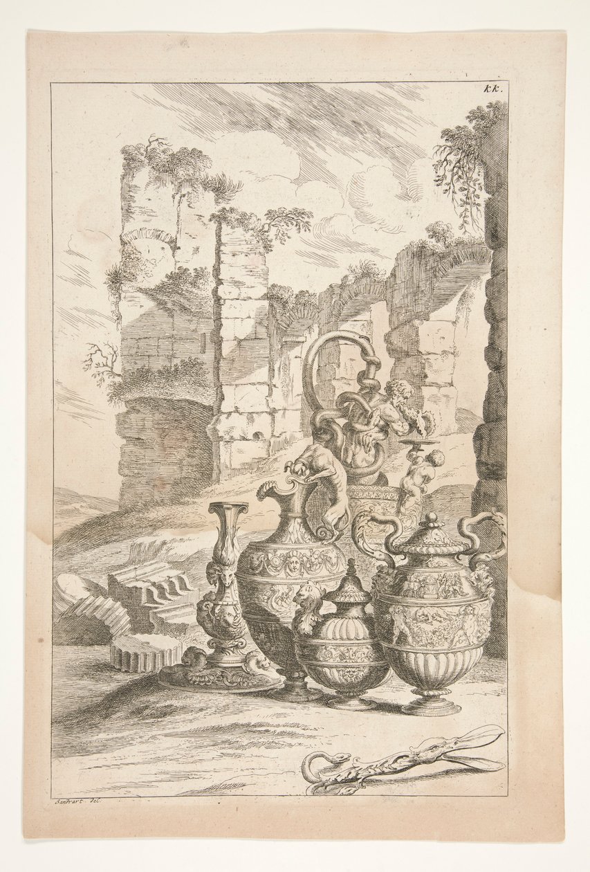 Sculpturae Veteris Admirata'dan Harabelerle Bir Peyzajda Şamdan ve Kulplu Süs İbreleri by Joachim von Sandrart