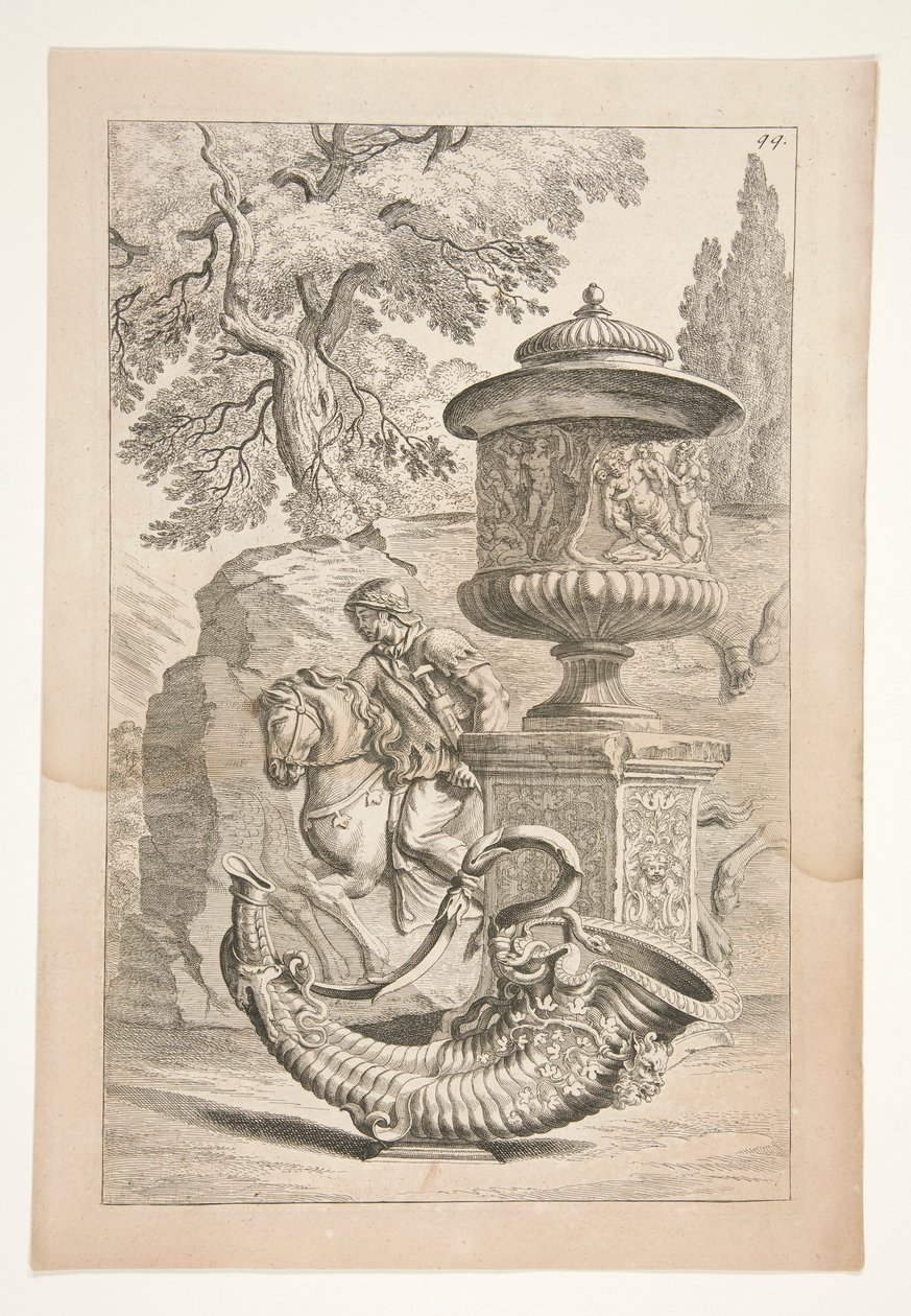 Savaşçıların Rölyefi, Baküs Rölyefi ile Süslenmiş Kapalı Bir Vazo ve Manzarada Bir Bereket by Joachim von Sandrart