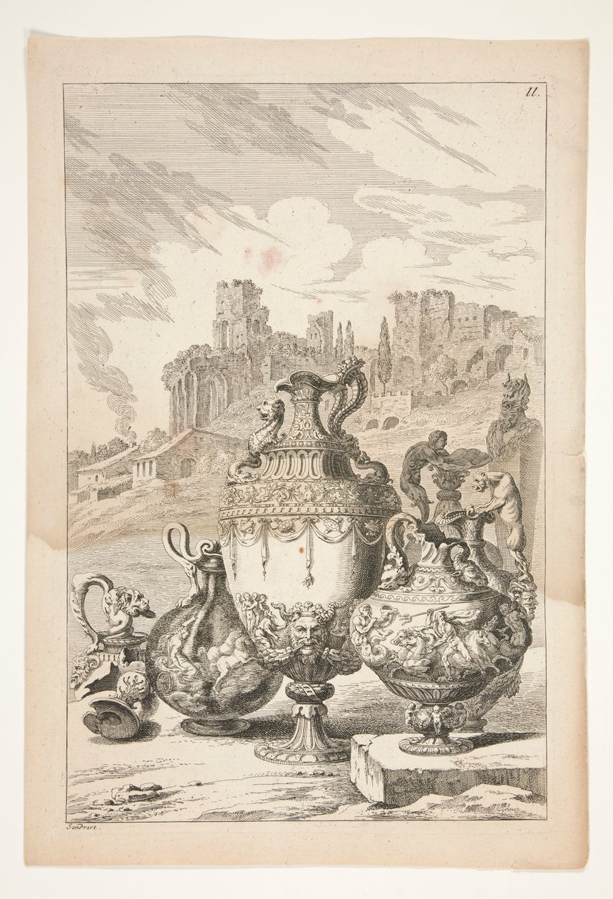 Klasik Harabelerle Bir Manzarada Dört Vazo, Kırık Bir Vazo, Kırık Bir Şamdan ve Bir Herm by Joachim von Sandrart