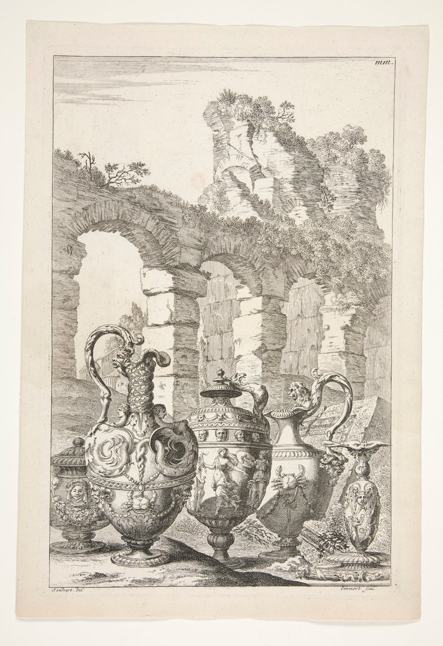 Harabelerle Bir Manzarada Üç Sürahi, Kapalı Bir Vazo ve Bir Şamdan by Joachim von Sandrart