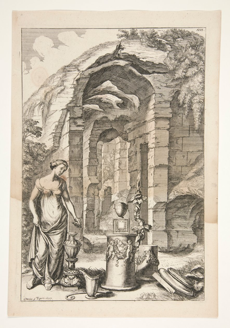 Urns, Standlar ve Harabeler ile Antik Elbiseli Kadın by Joachim von Sandrart