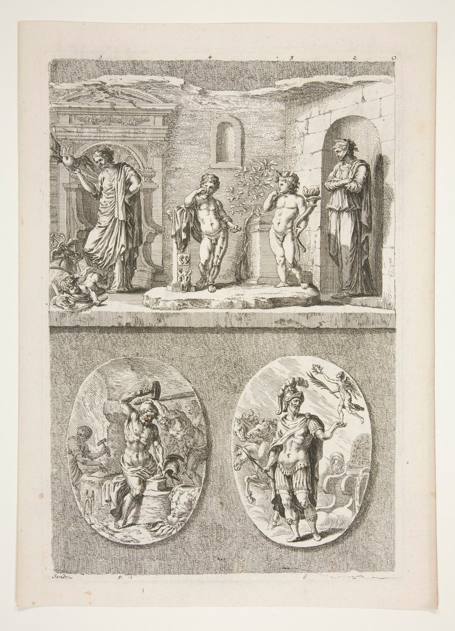 üst yarı: Dört Antik Heykel alt yarı: Forge of Vulcan ve A Victorious Roman General by Joachim von Sandrart