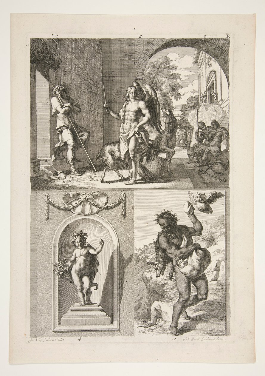 üst yarı: Bilinmeyen dini Konu alt yarı: Bir niş içinde bir putto heykeli ve bir manzarada bir faun heykeli by Joachim von Sandrart