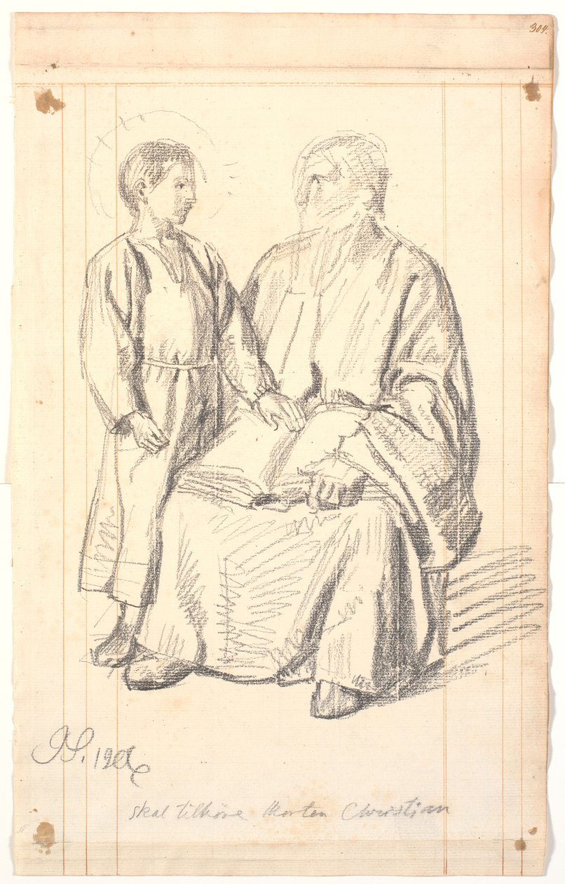 Oturan yaşlı adam ve ayakta duran çocuğun şekil çalışması by Joakim Frederik Skovgaard