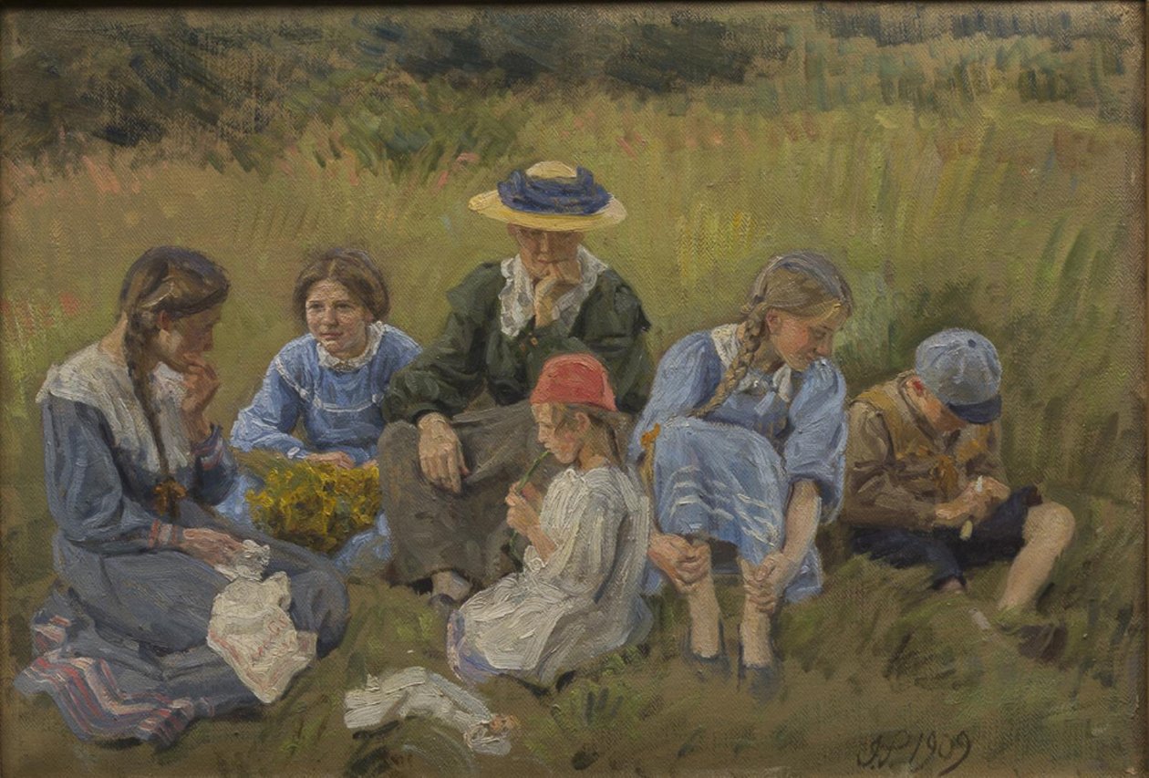 Çayırda dinlenin. Sanatçının eşi ve çocukları by Joakim Frederik Skovgaard