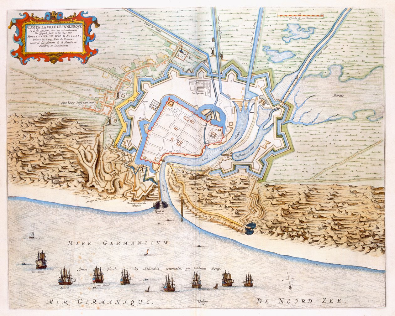 İspanyol hakimiyeti sırasında Dunkirk Şehri: kıyı savunmalarını, kaleyi ve burç tahkimatlarını gösteren plan, 1649 (el boyaması gravür) by Joan Blaeu