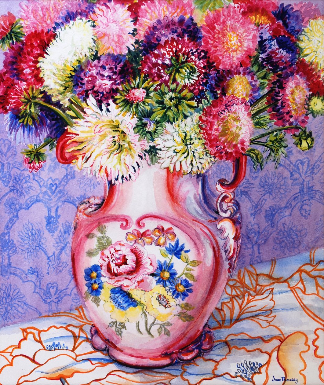 Asterler Pembe Çiçekli Victorian Sürahi 2002( wc kağıt üzerinde) by Joan Thewsey