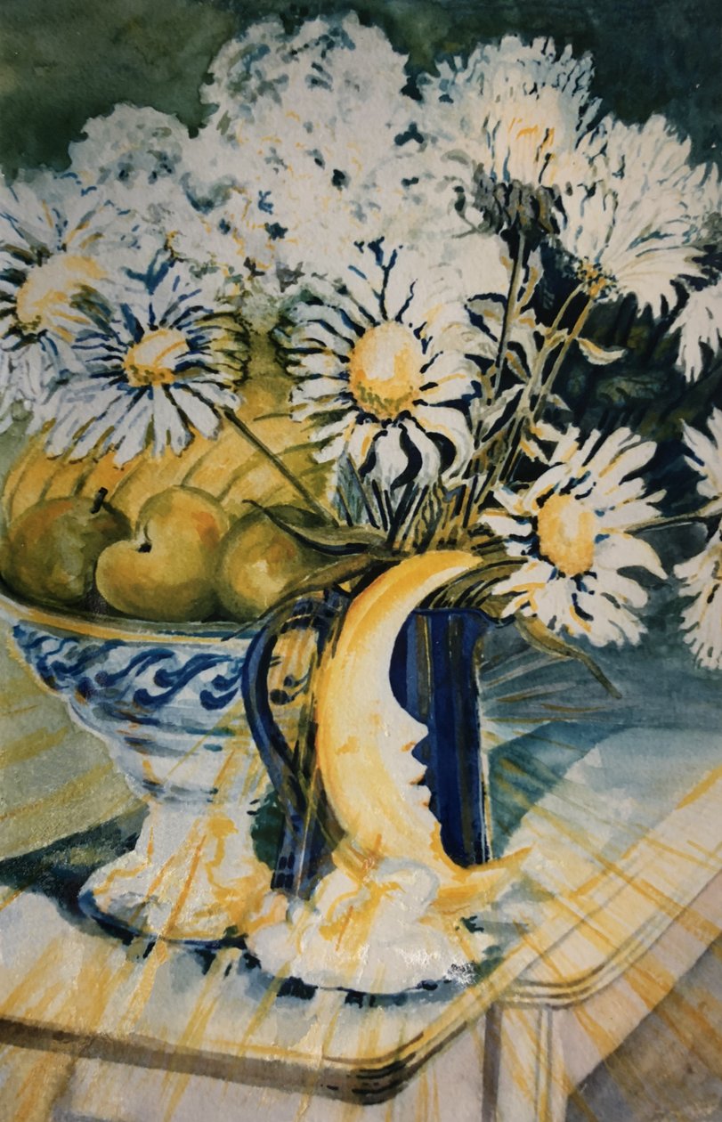 Ay Lambalı Mavi Sürahideki Marguerites, (guaj) by Joan Thewsey