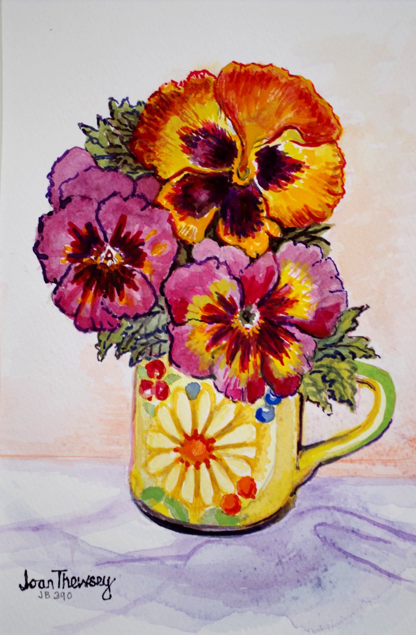 Desenli Kupada Hercai Menekşe, 2015,(sulu boya) by Joan Thewsey