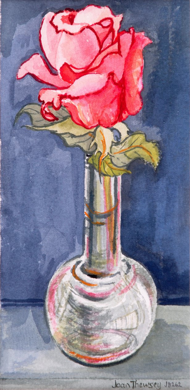 Tomurcuk Vazoda Pembe Gül, 2000. El yapımı kağıt üzerine sulu boya by Joan Thewsey