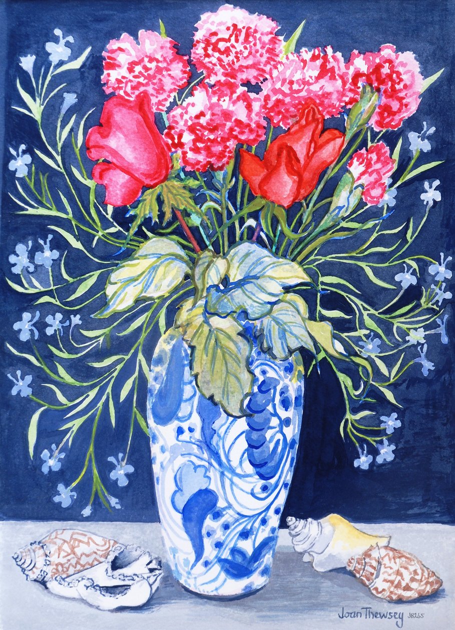 Mavi Beyaz Vazoda Güller, Karanfiller ve Lobelia,3 Shells Textiles 2011(sulu boya) by Joan Thewsey