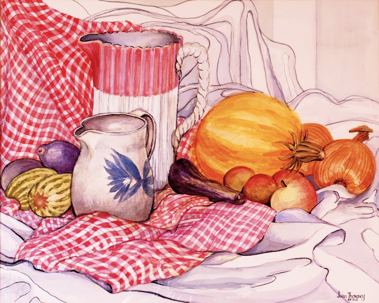 İki Sürahi ve Sebzeli Natürmort, 2013,Sulu Boyalı Kurşunkalem by Joan Thewsey