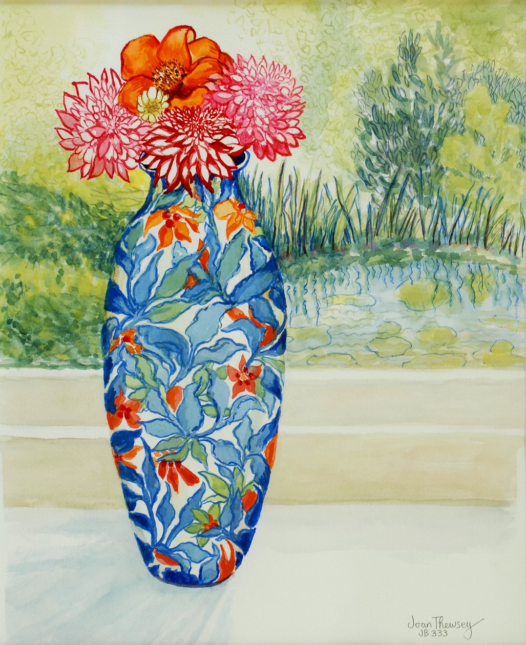 Dahlias ve Göl Manzaralı Vazo, 2001, by Joan Thewsey
