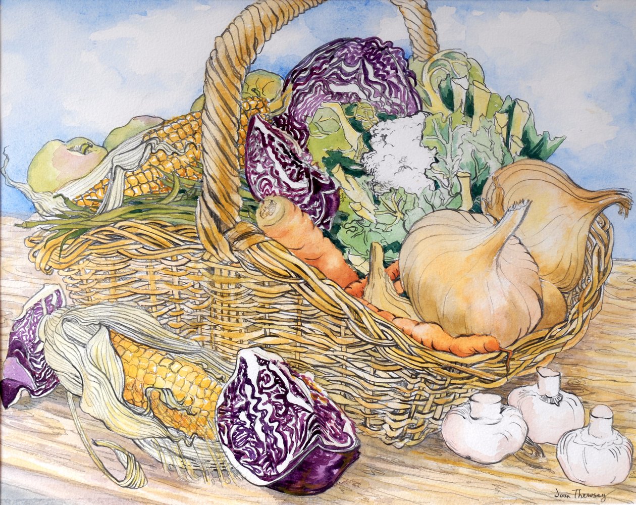Sepette Sebzeler, 2012, (el yapımı kağıda kurşun kalem ve sulu boya) by Joan Thewsey